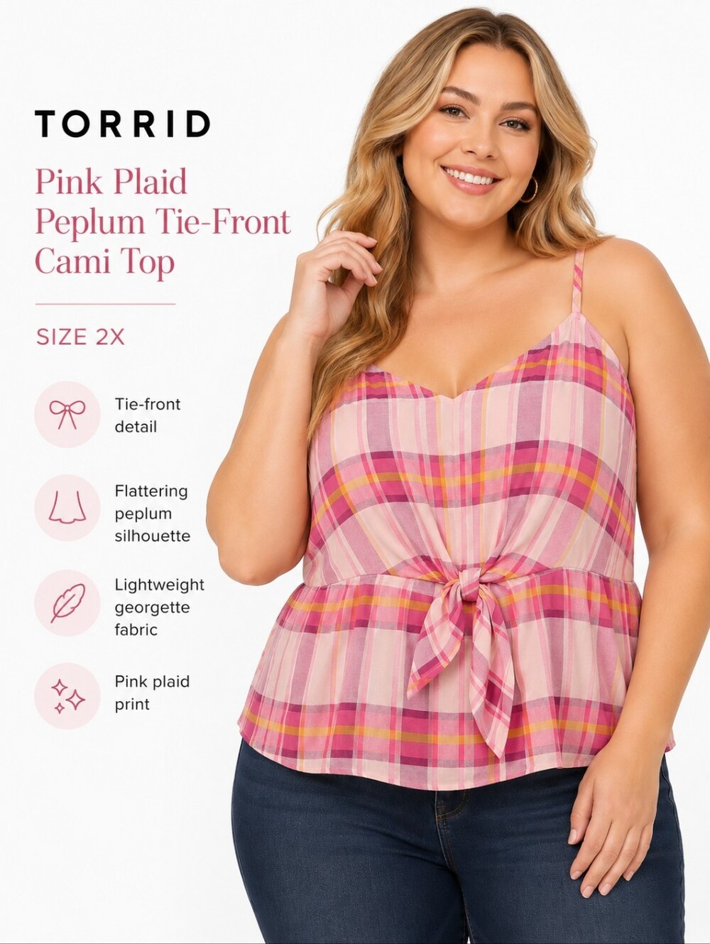 Torrid Pink Plaid Peplum Georgette Tie-Front Cami Plus Size 2X